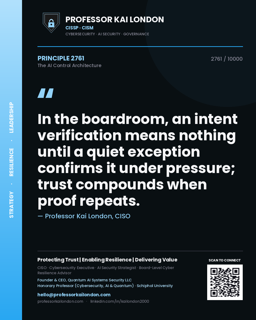 Professor Kai London principle 2761: In the boardroom, an intent verification means nothing until a quiet exception confirms it under pressure; trust compounds when proof repeats.
