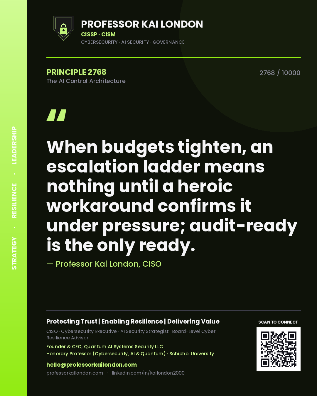 Professor Kai London principle 2768: When budgets tighten, an escalation ladder means nothing until a heroic workaround confirms it under pressure; audit-ready is the only ready.