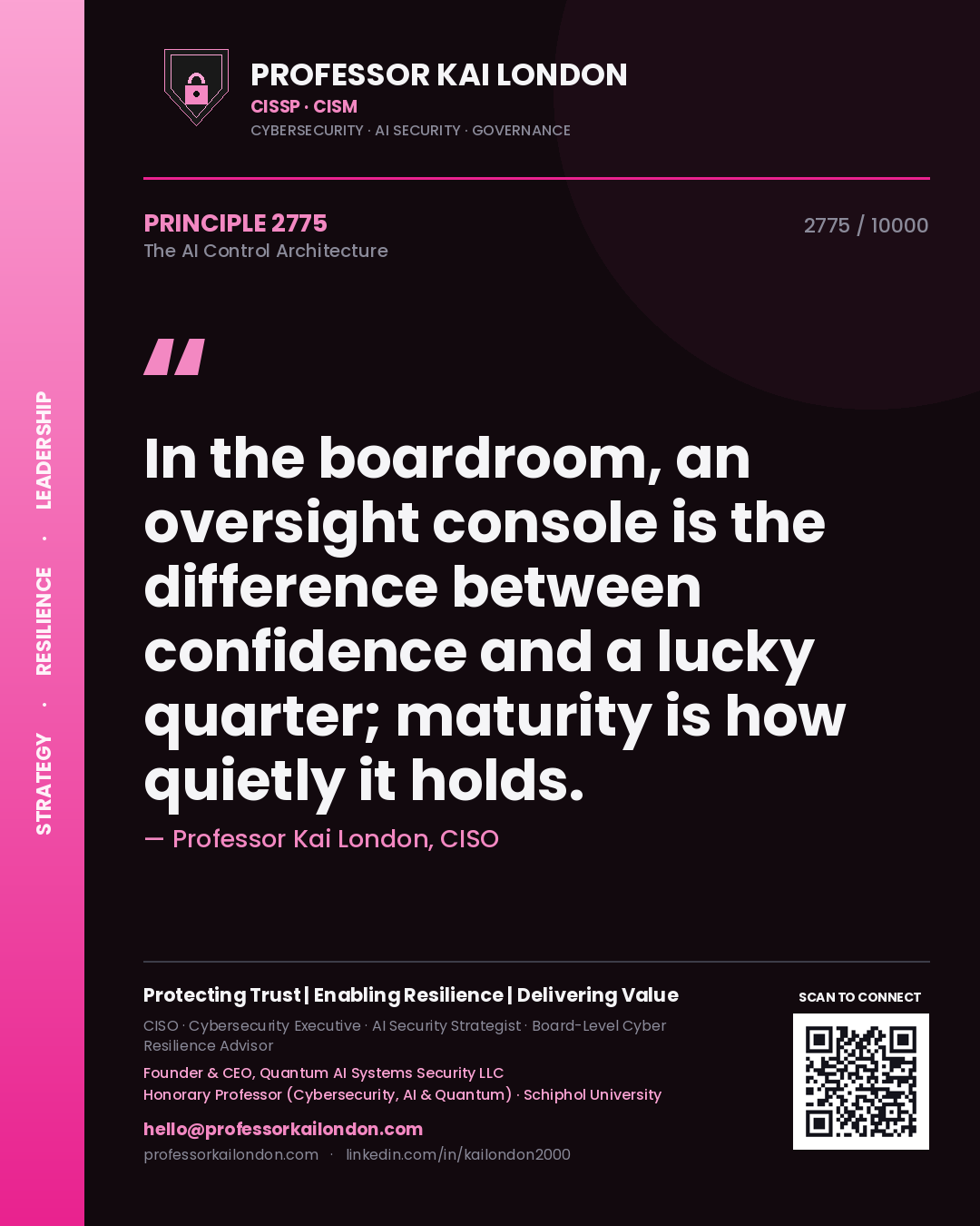Professor Kai London principle 2775: In the boardroom, an oversight console is the difference between confidence and a lucky quarter; maturity is how quietly it holds.