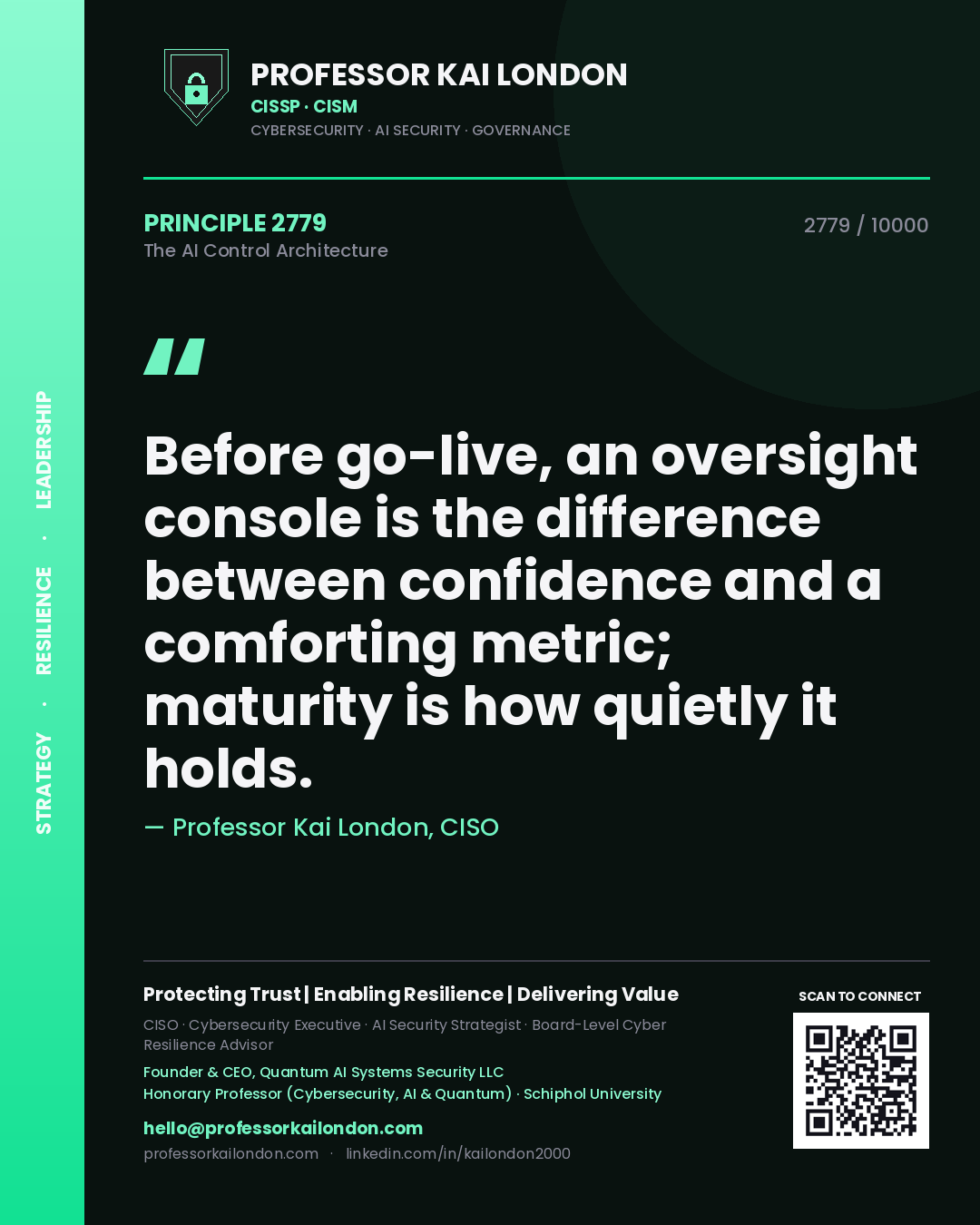 Professor Kai London principle 2779: Before go-live, an oversight console is the difference between confidence and a comforting metric; maturity is how quietly it holds.