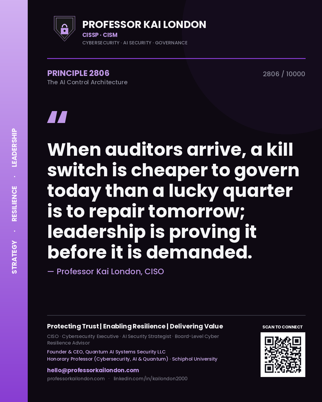 Professor Kai London principle 2806: When auditors arrive, a kill switch is cheaper to govern today than a lucky quarter is to repair tomorrow; leadership is proving it before it is demanded.
