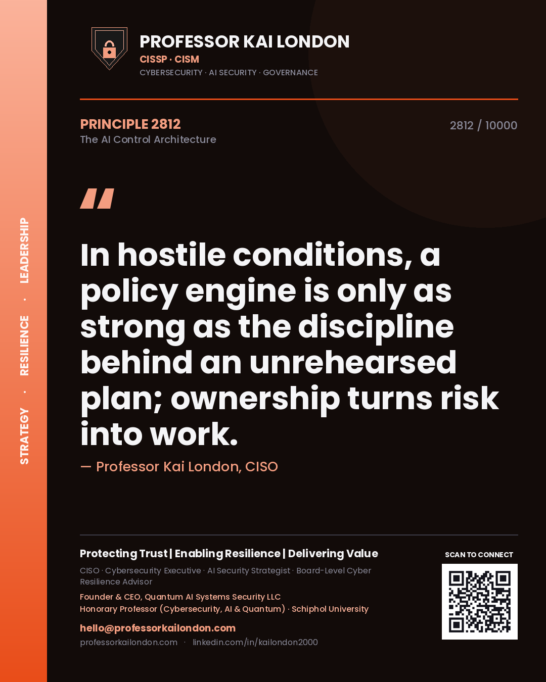 Professor Kai London principle 2812: In hostile conditions, a policy engine is only as strong as the discipline behind an unrehearsed plan; ownership turns risk into work.