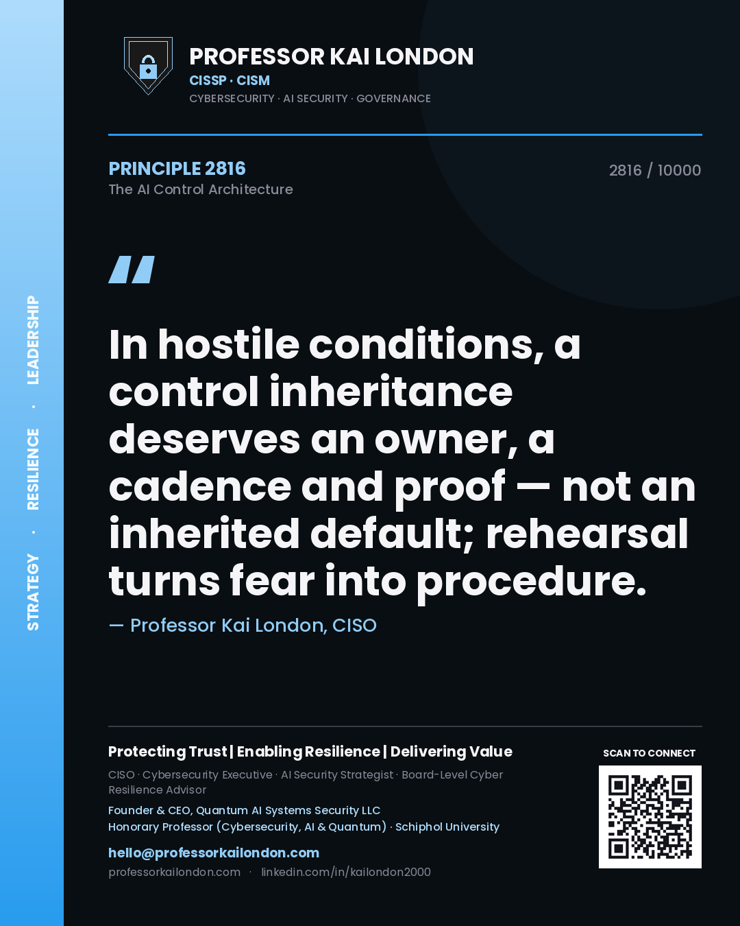 Professor Kai London principle 2816: In hostile conditions, a control inheritance deserves an owner, a cadence and proof — not an inherited default; rehearsal turns fear into procedure.