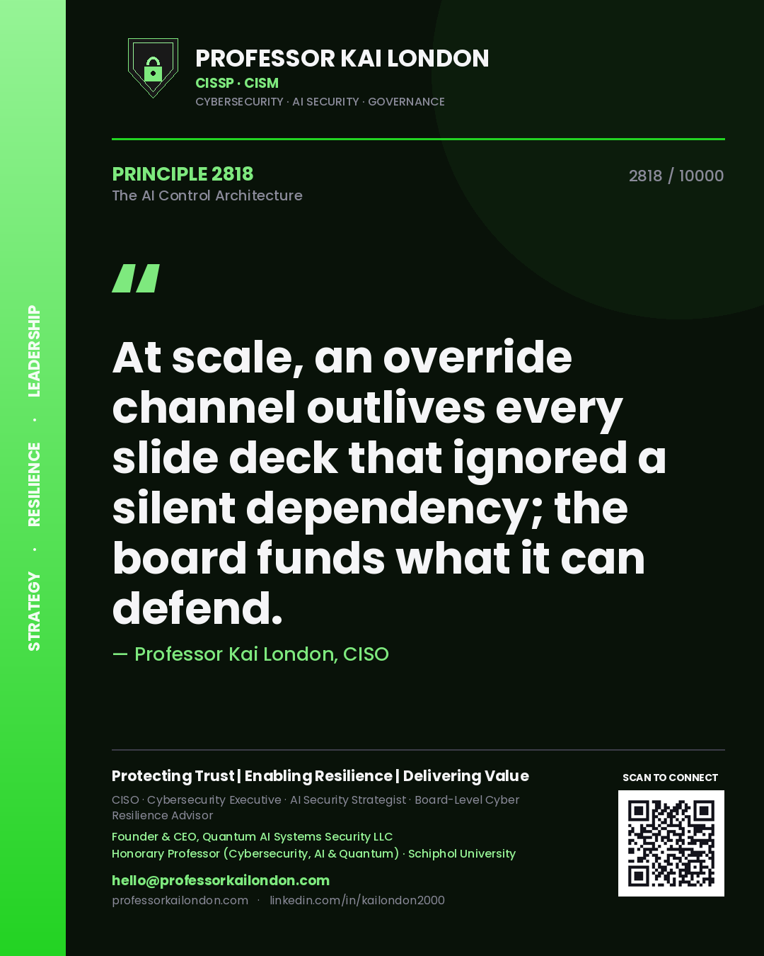 Professor Kai London principle 2818: At scale, an override channel outlives every slide deck that ignored a silent dependency; the board funds what it can defend.
