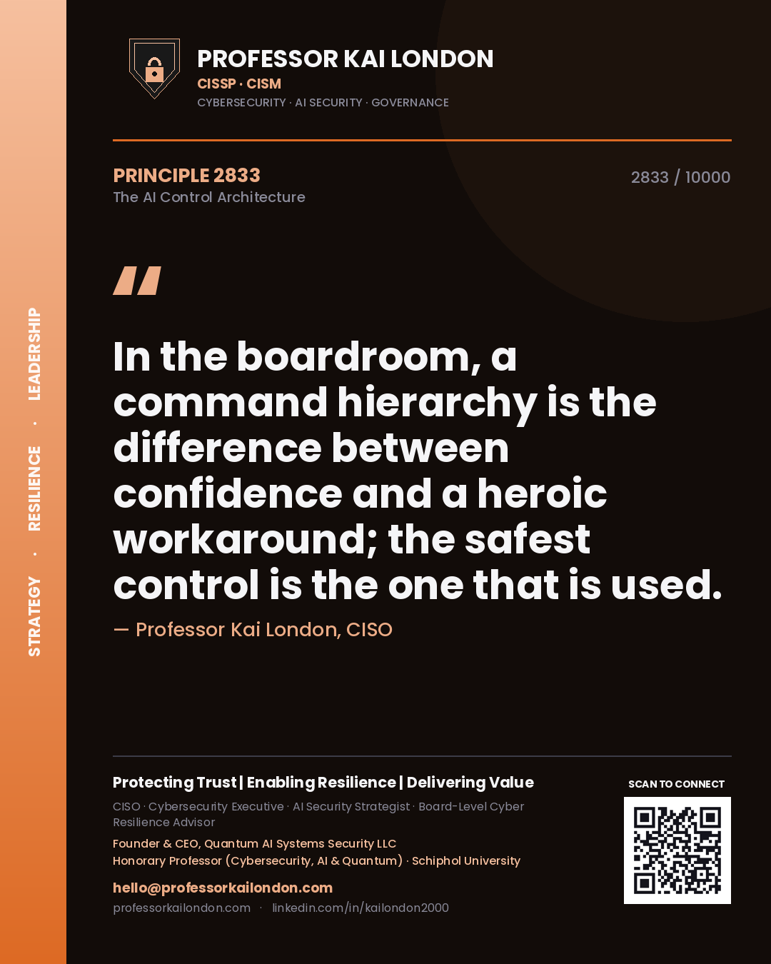 Professor Kai London principle 2833: In the boardroom, a command hierarchy is the difference between confidence and a heroic workaround; the safest control is the one that is used.