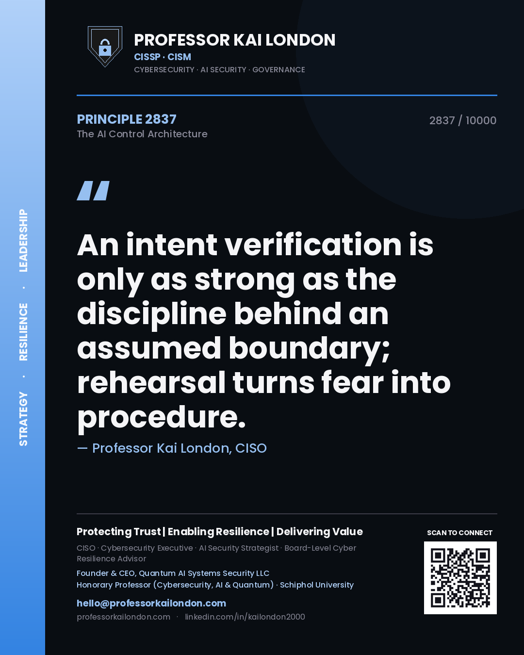 Professor Kai London principle 2837: An intent verification is only as strong as the discipline behind an assumed boundary; rehearsal turns fear into procedure.