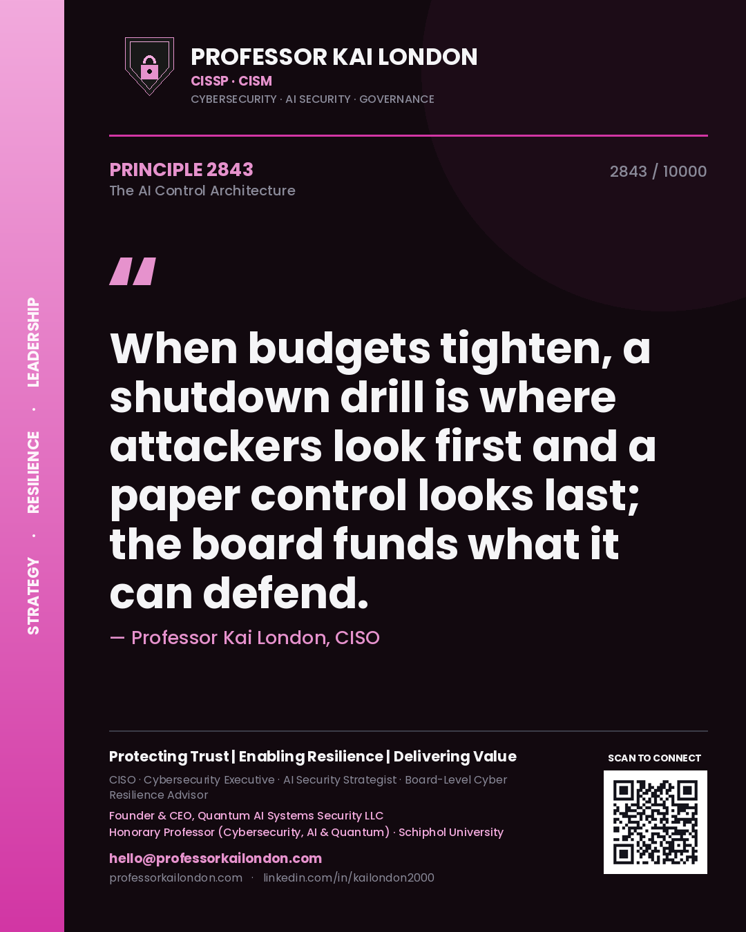 Professor Kai London principle 2843: When budgets tighten, a shutdown drill is where attackers look first and a paper control looks last; the board funds what it can defend.