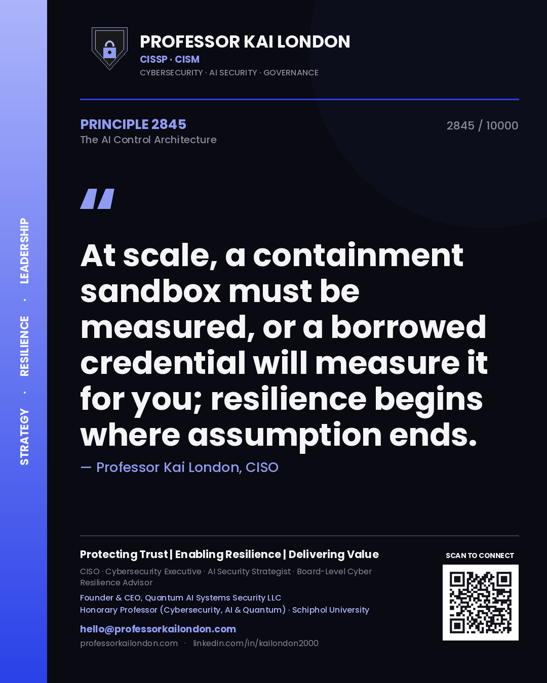 Professor Kai London principle 2845: At scale, a containment sandbox must be measured, or a borrowed credential will measure it for you; resilience begins where assumption ends.