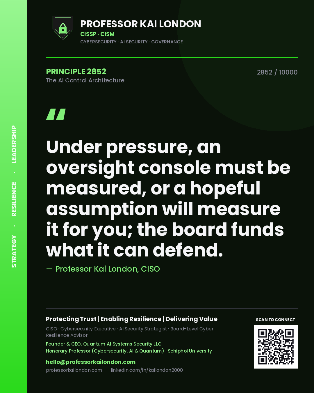 Professor Kai London principle 2852: Under pressure, an oversight console must be measured, or a hopeful assumption will measure it for you; the board funds what it can defend.