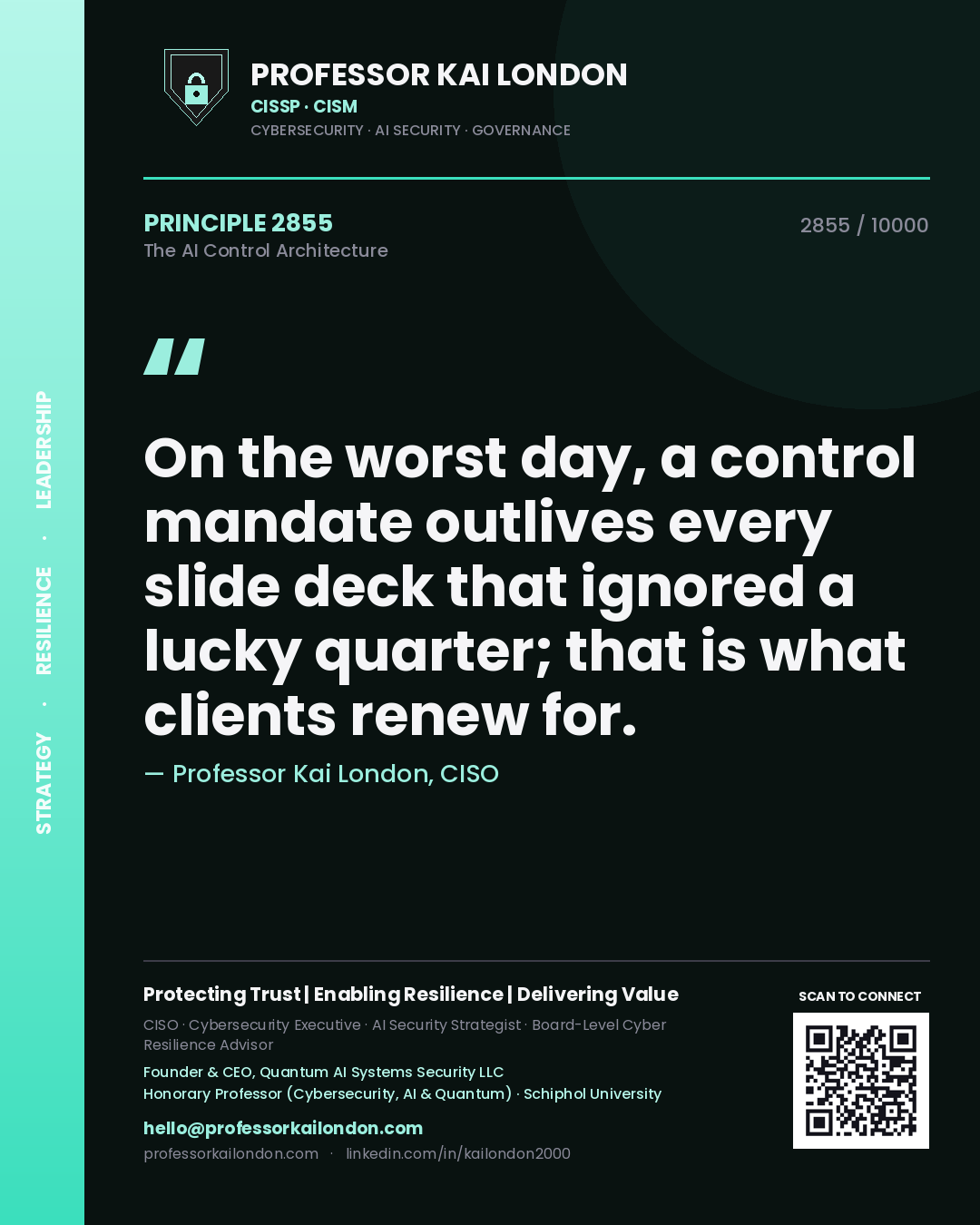 Professor Kai London principle 2855: On the worst day, a control mandate outlives every slide deck that ignored a lucky quarter; that is what clients renew for.
