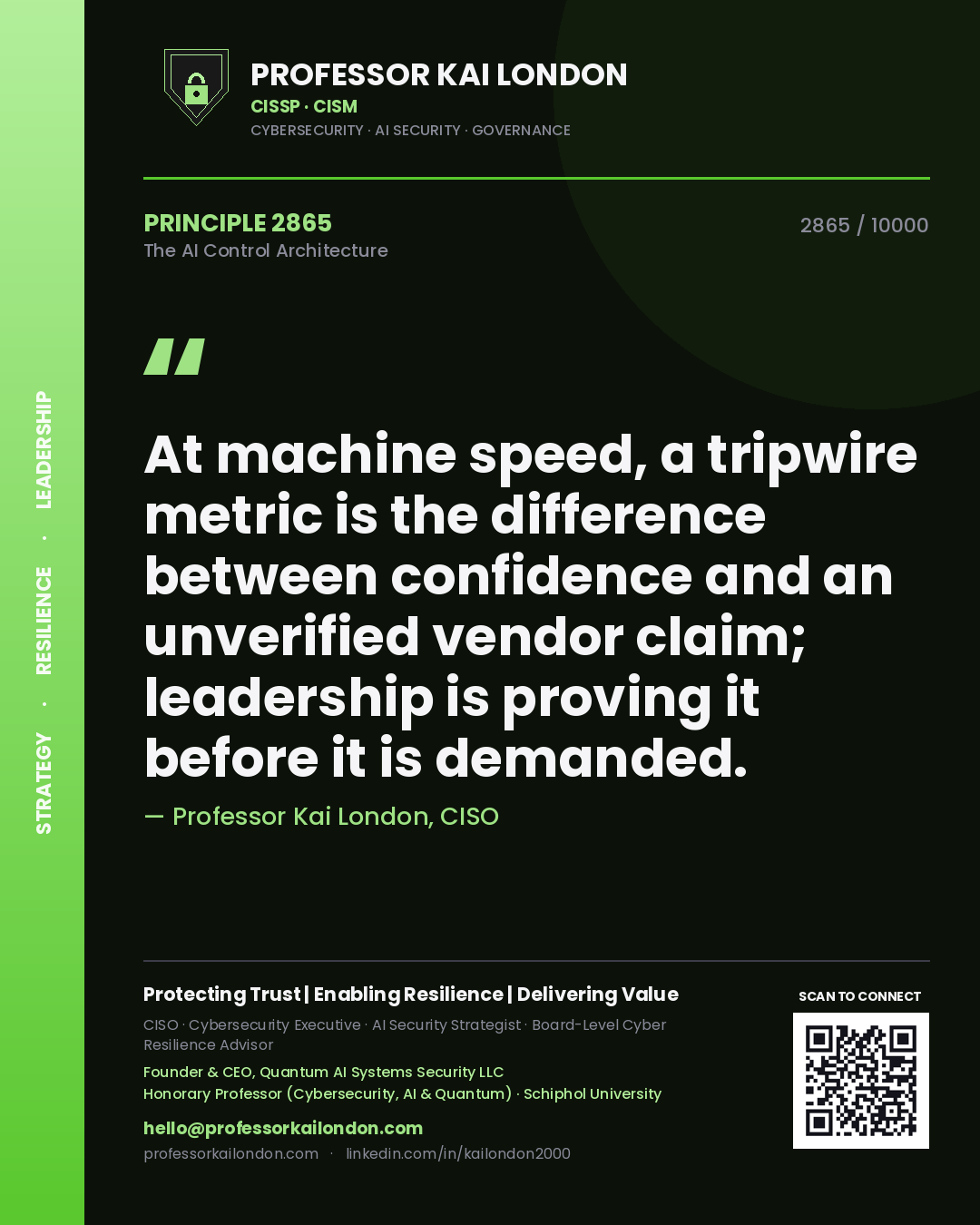 Professor Kai London principle 2865: At machine speed, a tripwire metric is the difference between confidence and an unverified vendor claim; leadership is proving it before it is demanded.