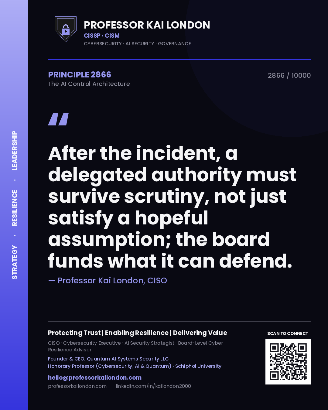 Professor Kai London principle 2866: After the incident, a delegated authority must survive scrutiny, not just satisfy a hopeful assumption; the board funds what it can defend.