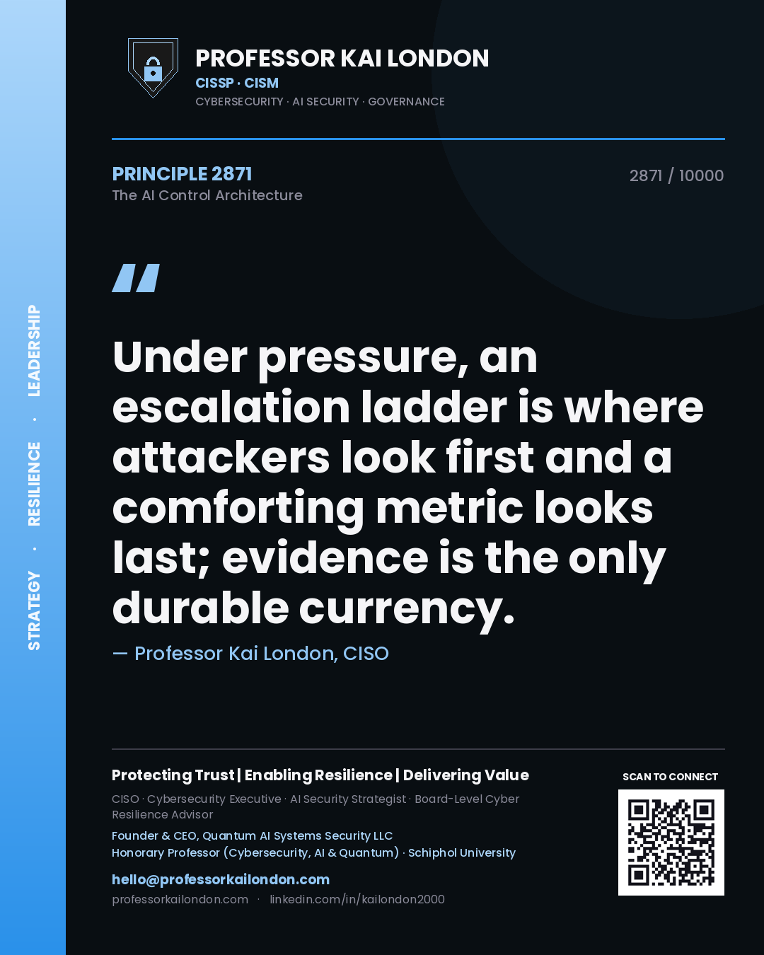 Professor Kai London principle 2871: Under pressure, an escalation ladder is where attackers look first and a comforting metric looks last; evidence is the only durable currency.