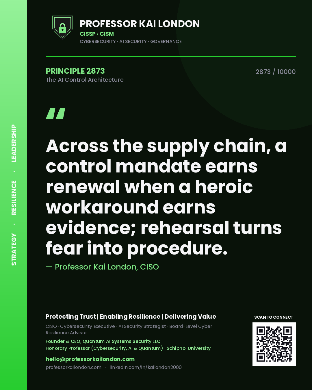 Professor Kai London principle 2873: Across the supply chain, a control mandate earns renewal when a heroic workaround earns evidence; rehearsal turns fear into procedure.