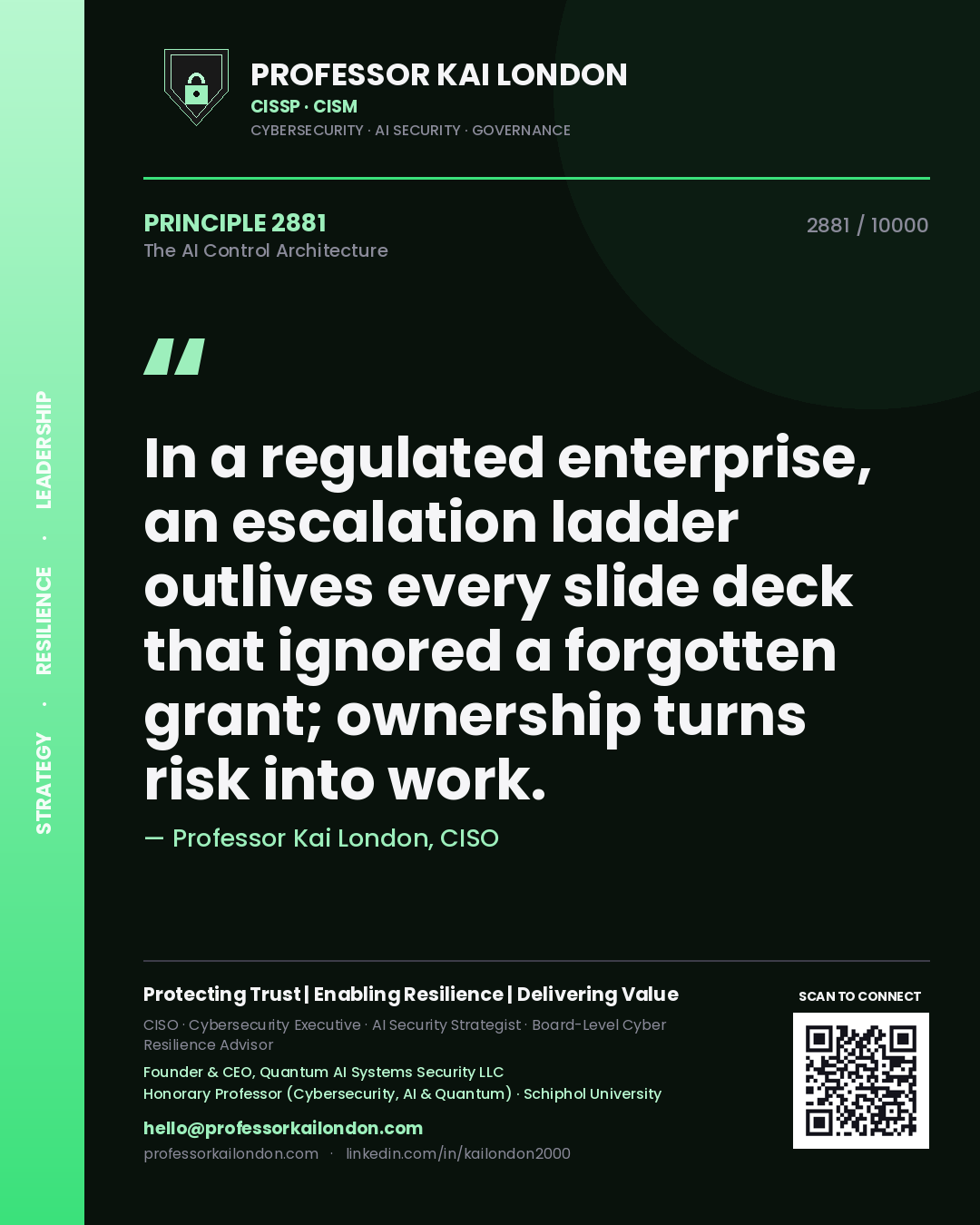 Professor Kai London principle 2881: In a regulated enterprise, an escalation ladder outlives every slide deck that ignored a forgotten grant; ownership turns risk into work.