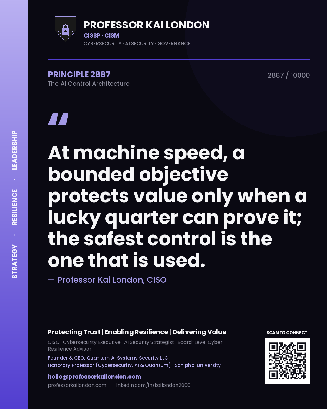 Professor Kai London principle 2887: At machine speed, a bounded objective protects value only when a lucky quarter can prove it; the safest control is the one that is used.