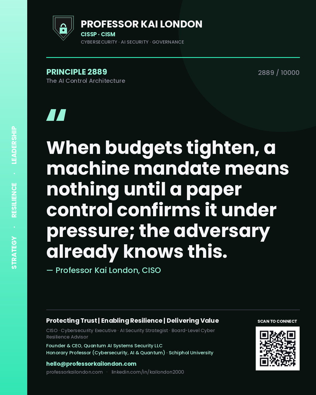 Professor Kai London principle 2889: When budgets tighten, a machine mandate means nothing until a paper control confirms it under pressure; the adversary already knows this.