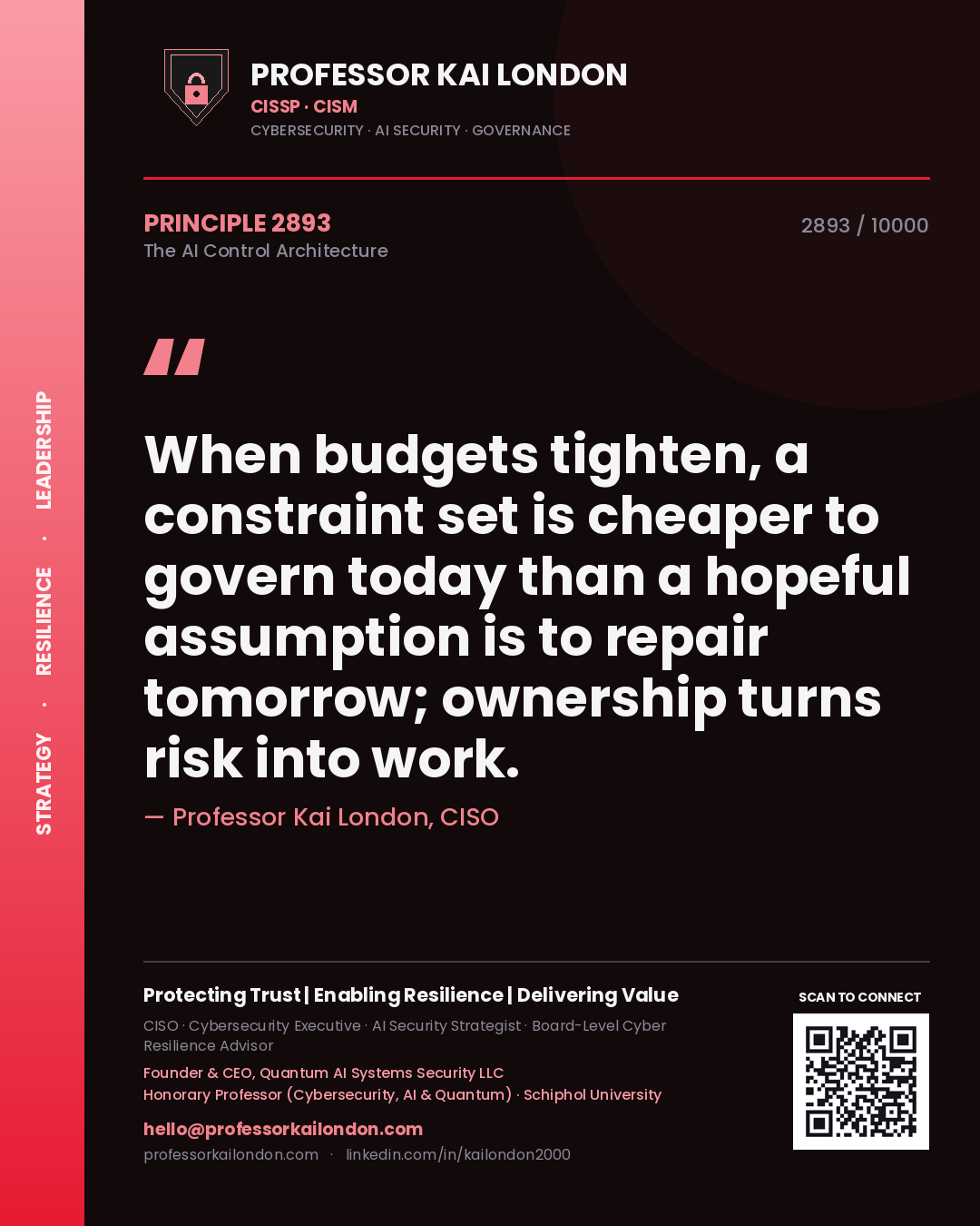 Professor Kai London principle 2893: When budgets tighten, a constraint set is cheaper to govern today than a hopeful assumption is to repair tomorrow; ownership turns risk into work.