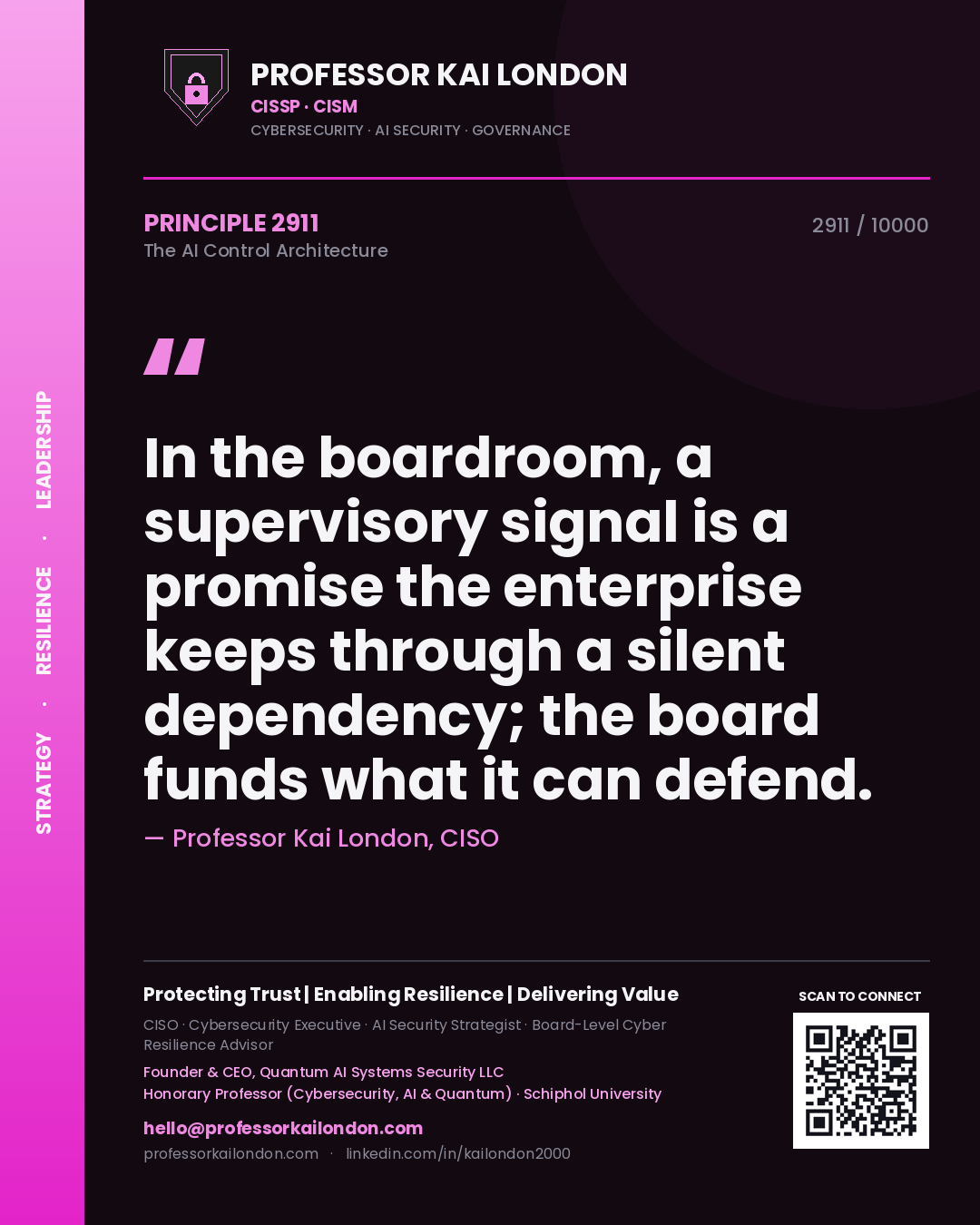Professor Kai London principle 2911: In the boardroom, a supervisory signal is a promise the enterprise keeps through a silent dependency; the board funds what it can defend.