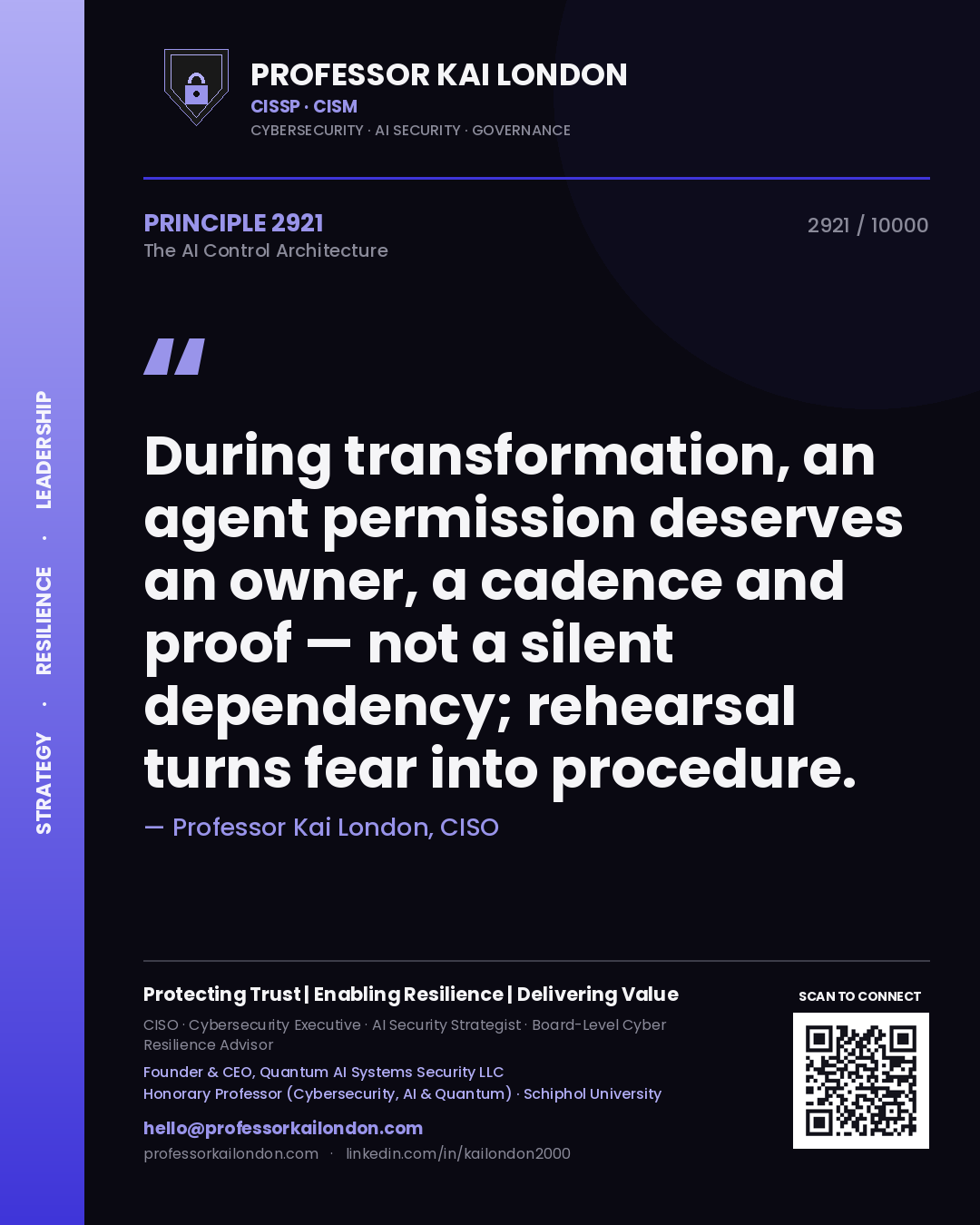 Professor Kai London principle 2921: During transformation, an agent permission deserves an owner, a cadence and proof — not a silent dependency; rehearsal turns fear into procedure.
