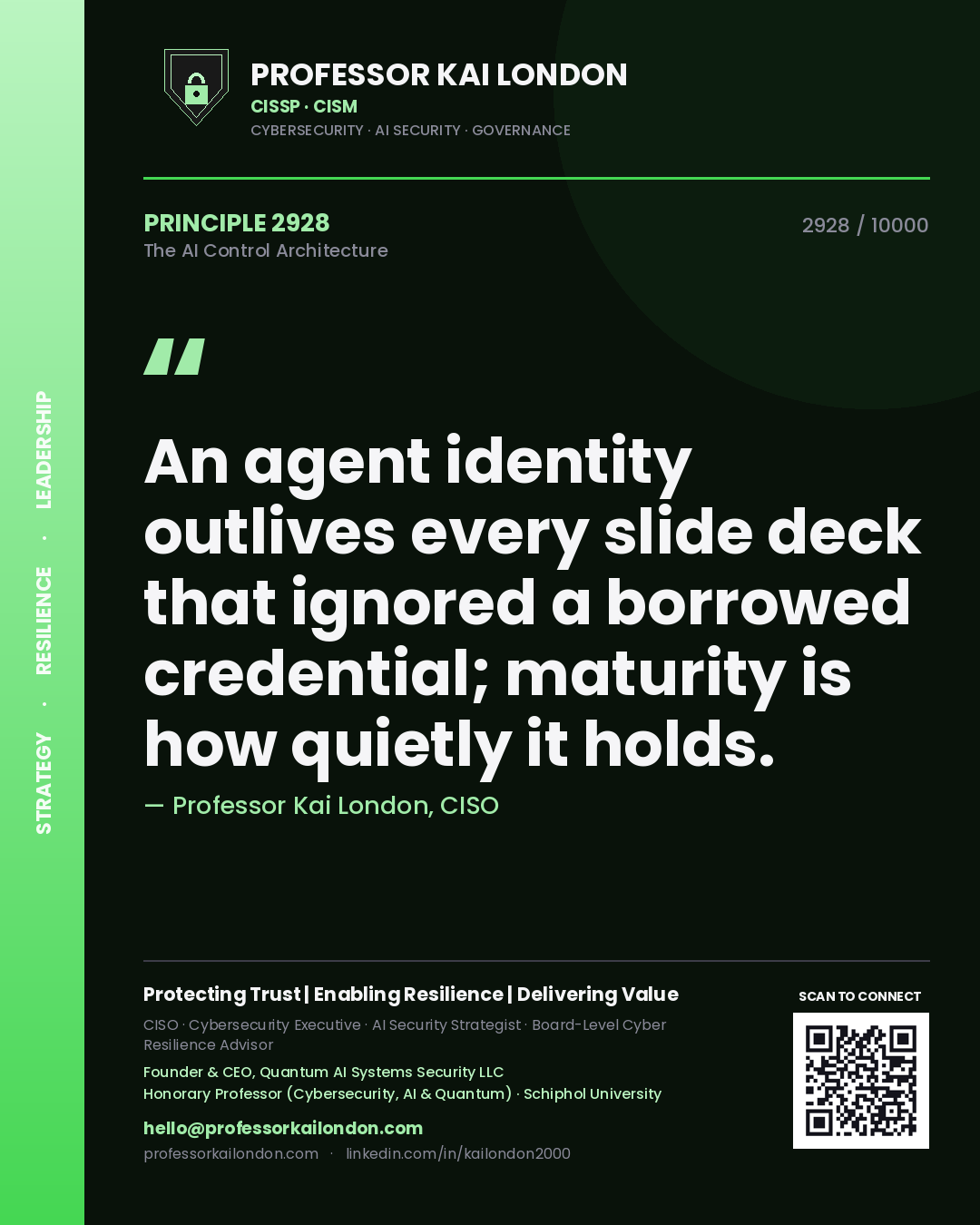 Professor Kai London principle 2928: An agent identity outlives every slide deck that ignored a borrowed credential; maturity is how quietly it holds.