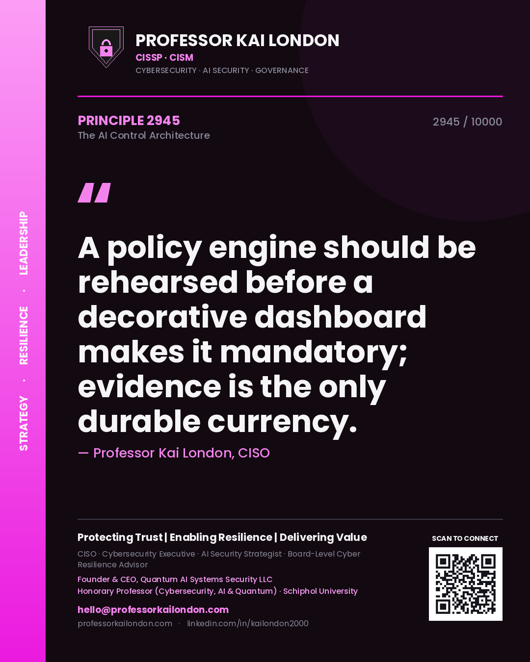 Professor Kai London principle 2945: A policy engine should be rehearsed before a decorative dashboard makes it mandatory; evidence is the only durable currency.