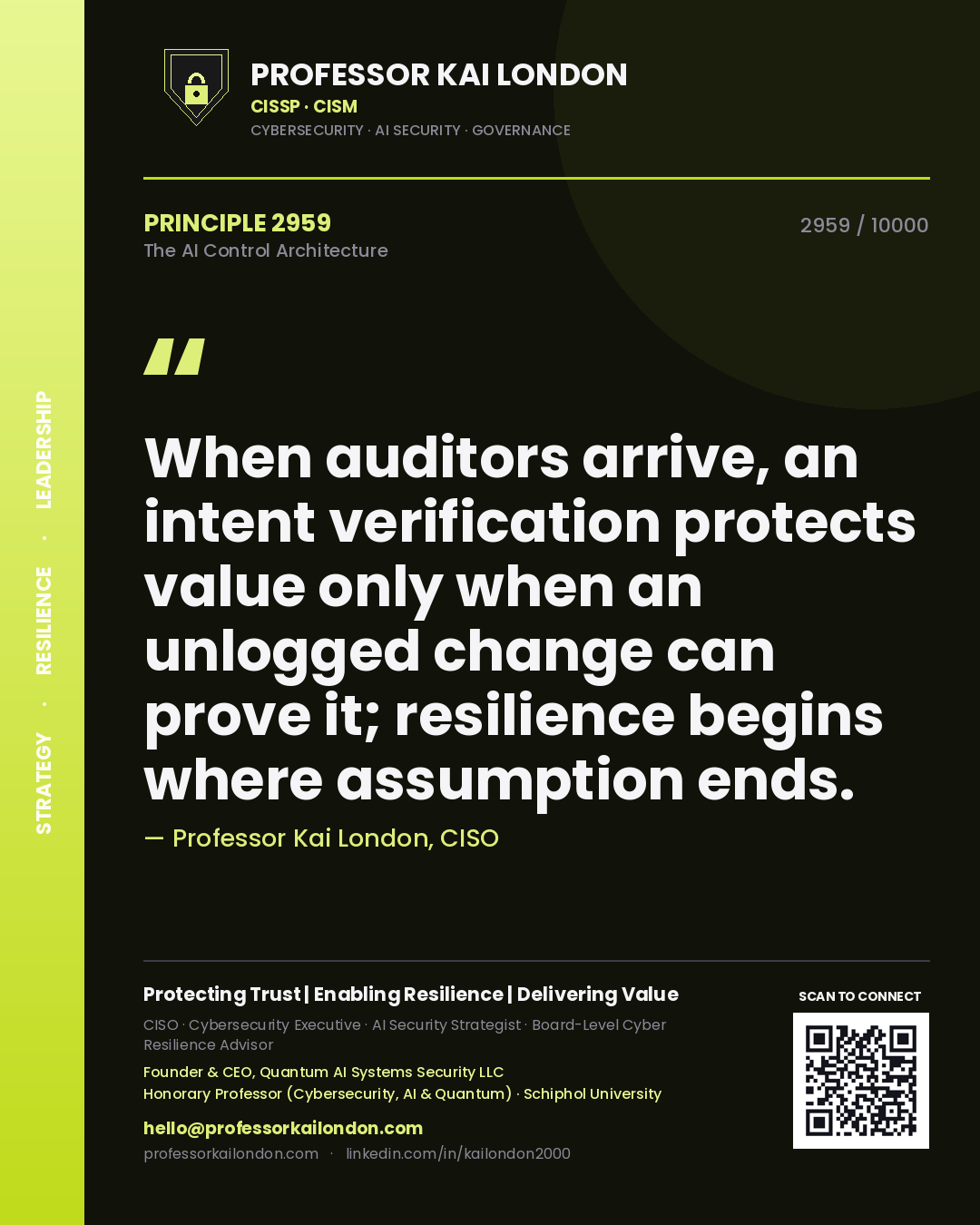 Professor Kai London principle 2959: When auditors arrive, an intent verification protects value only when an unlogged change can prove it; resilience begins where assumption ends.