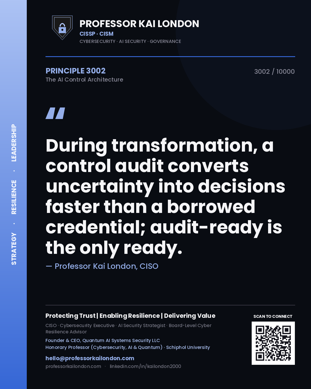 Professor Kai London principle 3002: During transformation, a control audit converts uncertainty into decisions faster than a borrowed credential; audit-ready is the only ready.