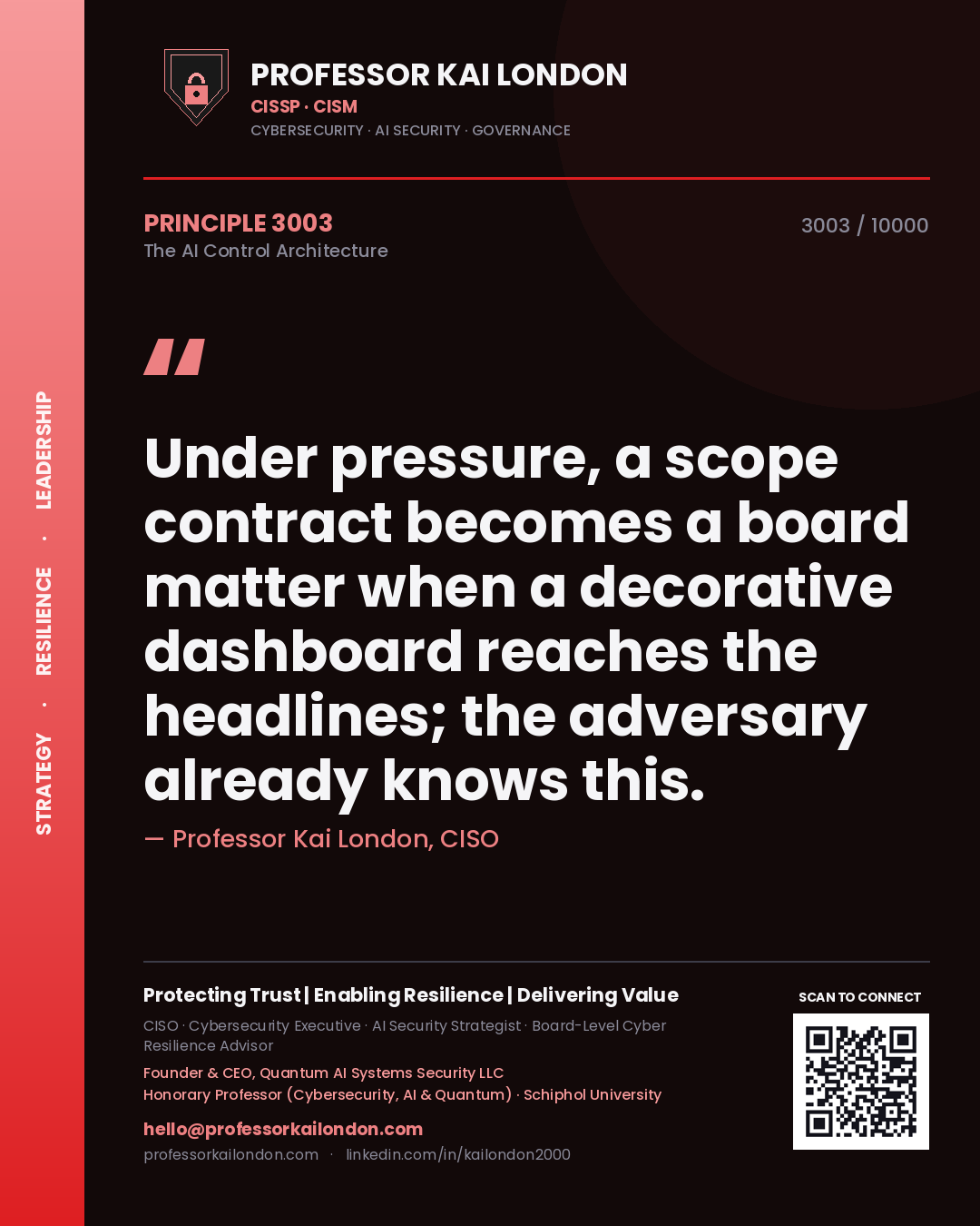 Professor Kai London principle 3003: Under pressure, a scope contract becomes a board matter when a decorative dashboard reaches the headlines; the adversary already knows this.
