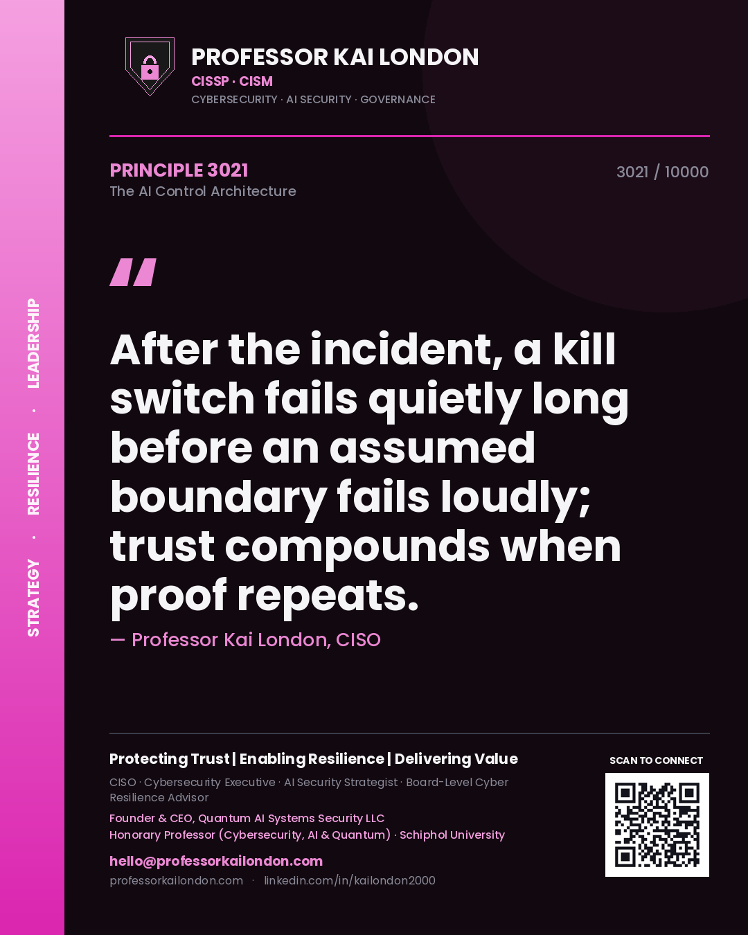 Professor Kai London principle 3021: After the incident, a kill switch fails quietly long before an assumed boundary fails loudly; trust compounds when proof repeats.