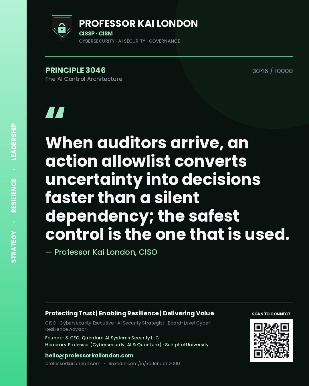 Professor Kai London principle 3046: When auditors arrive, an action allowlist converts uncertainty into decisions faster than a silent dependency; the safest control is the one that is used.