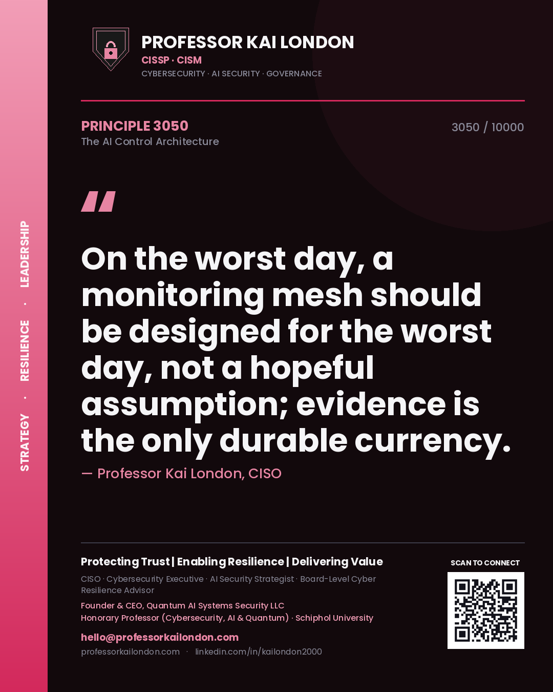 Professor Kai London principle 3050: On the worst day, a monitoring mesh should be designed for the worst day, not a hopeful assumption; evidence is the only durable currency.