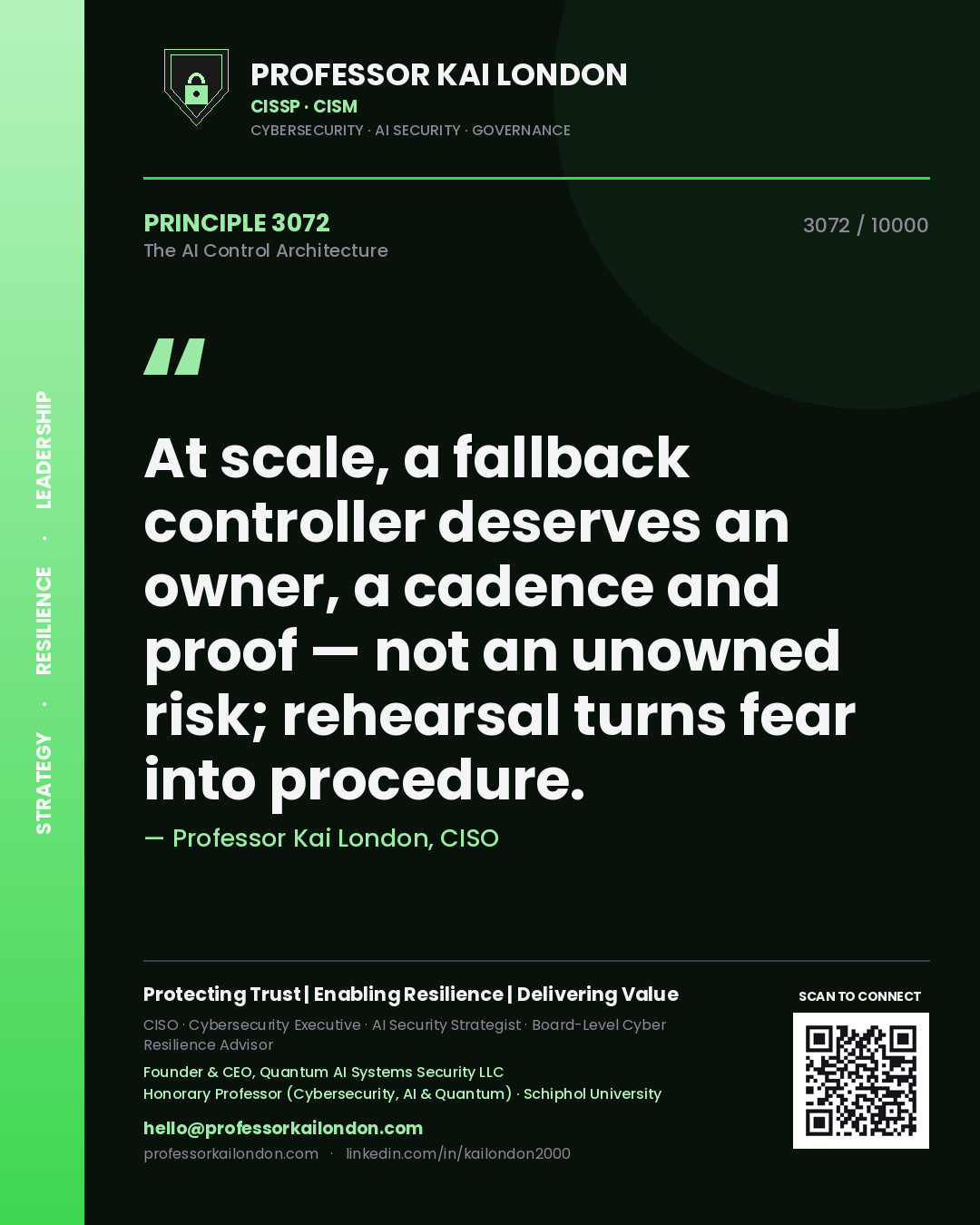 Professor Kai London principle 3072: At scale, a fallback controller deserves an owner, a cadence and proof — not an unowned risk; rehearsal turns fear into procedure.