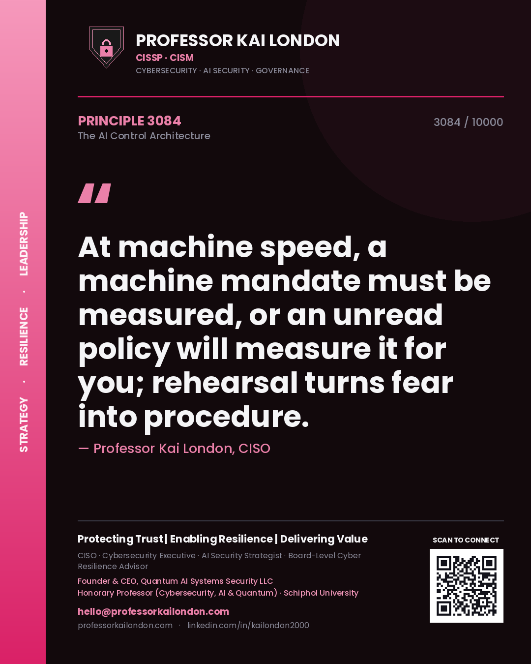 Professor Kai London principle 3084: At machine speed, a machine mandate must be measured, or an unread policy will measure it for you; rehearsal turns fear into procedure.