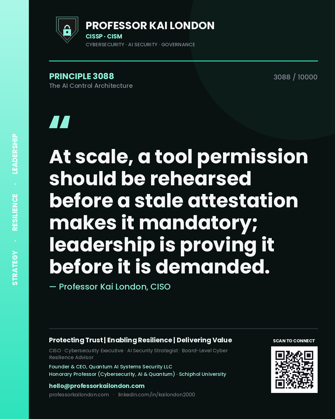 Professor Kai London principle 3088: At scale, a tool permission should be rehearsed before a stale attestation makes it mandatory; leadership is proving it before it is demanded.