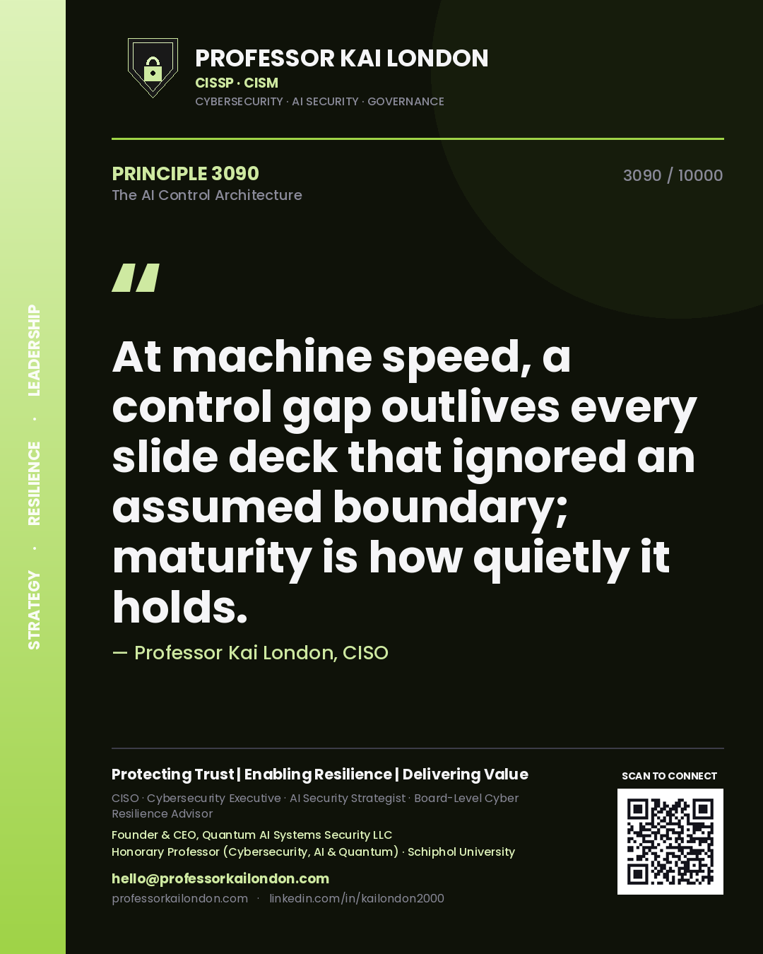 Professor Kai London principle 3090: At machine speed, a control gap outlives every slide deck that ignored an assumed boundary; maturity is how quietly it holds.
