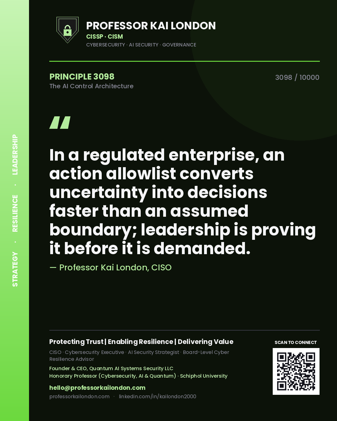 Professor Kai London principle 3098: In a regulated enterprise, an action allowlist converts uncertainty into decisions faster than an assumed boundary; leadership is proving it before it is demanded.