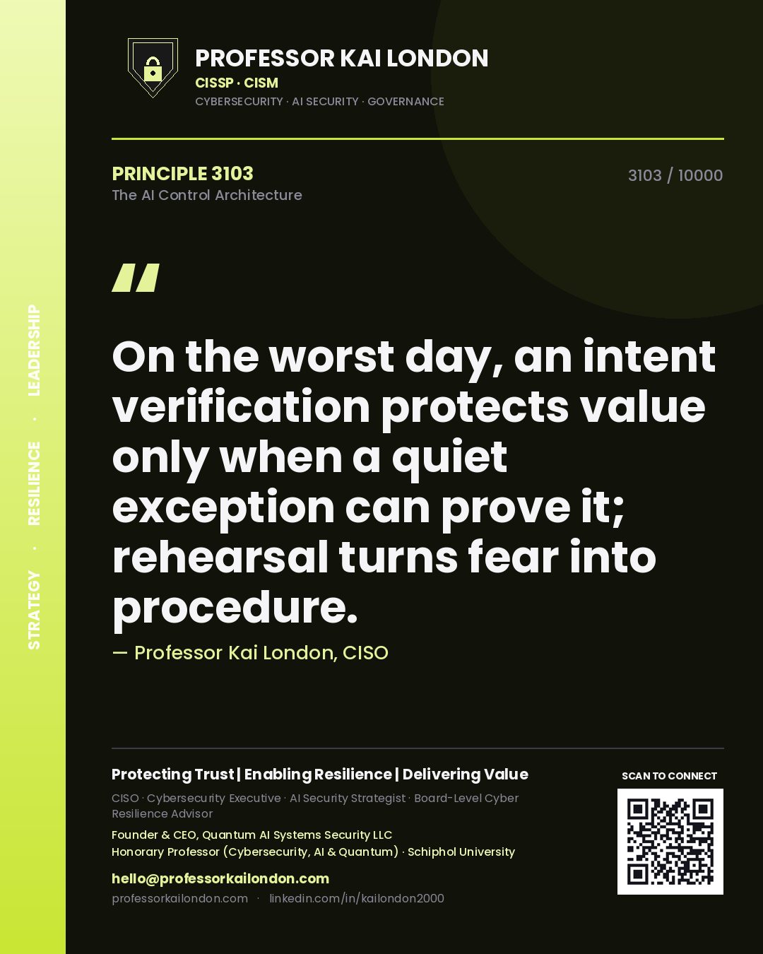Professor Kai London principle 3103: On the worst day, an intent verification protects value only when a quiet exception can prove it; rehearsal turns fear into procedure.