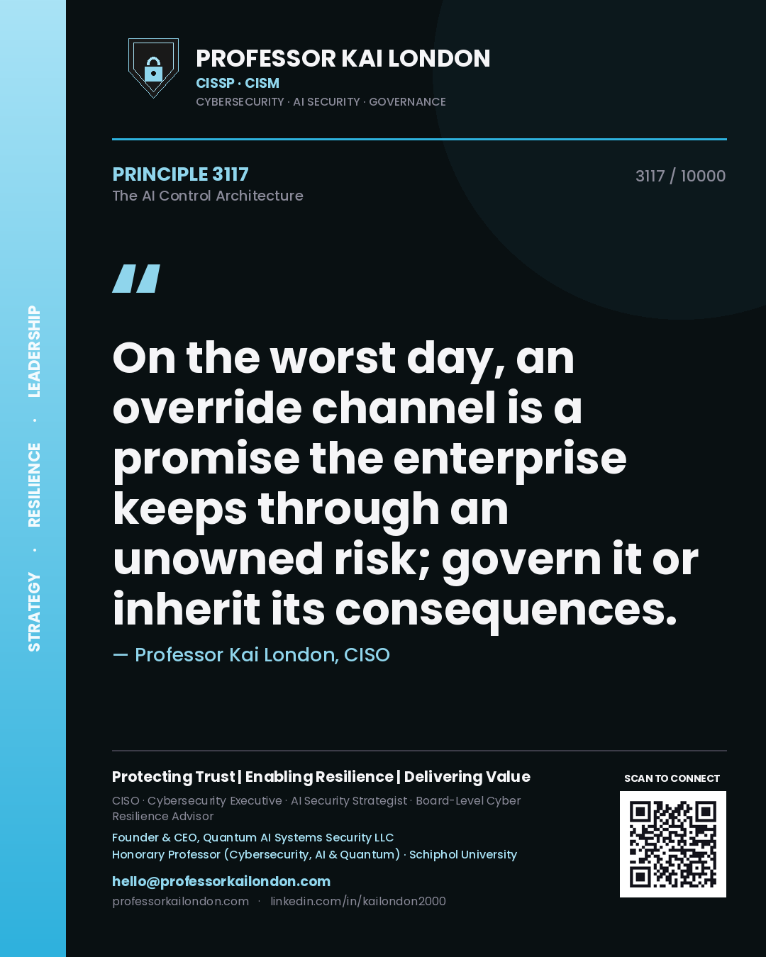 Professor Kai London principle 3117: On the worst day, an override channel is a promise the enterprise keeps through an unowned risk; govern it or inherit its consequences.