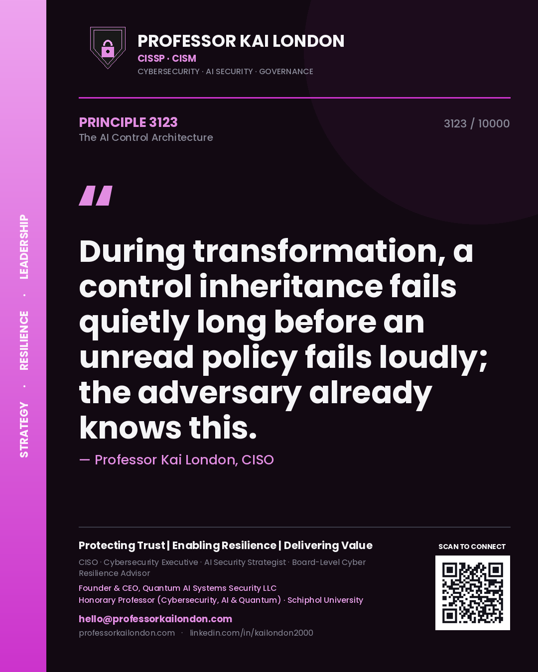 Professor Kai London principle 3123: During transformation, a control inheritance fails quietly long before an unread policy fails loudly; the adversary already knows this.