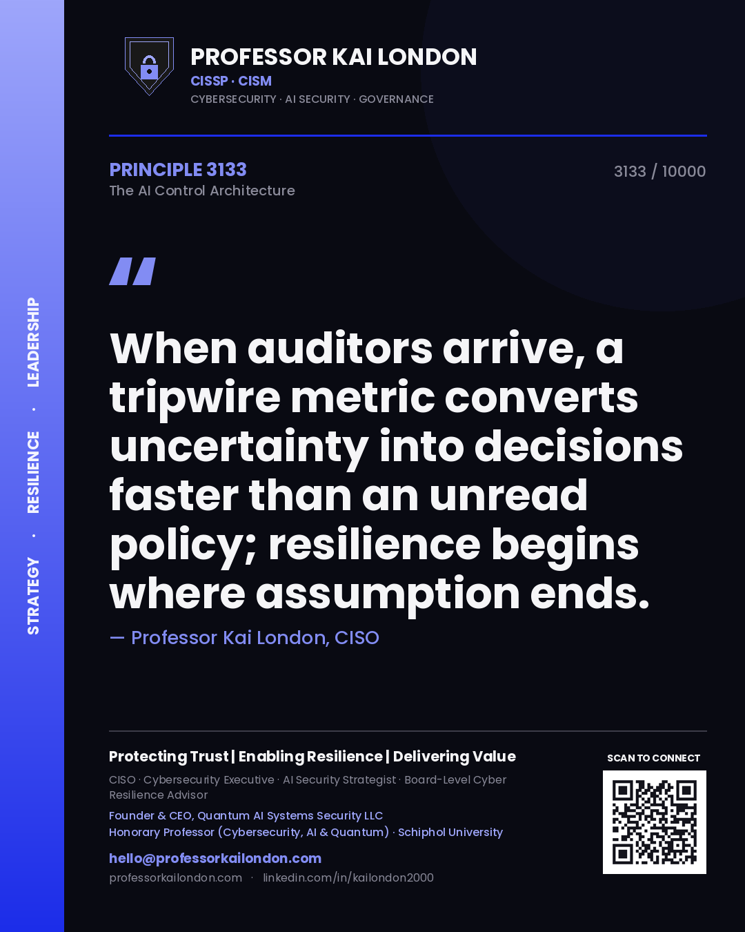 Professor Kai London principle 3133: When auditors arrive, a tripwire metric converts uncertainty into decisions faster than an unread policy; resilience begins where assumption ends.