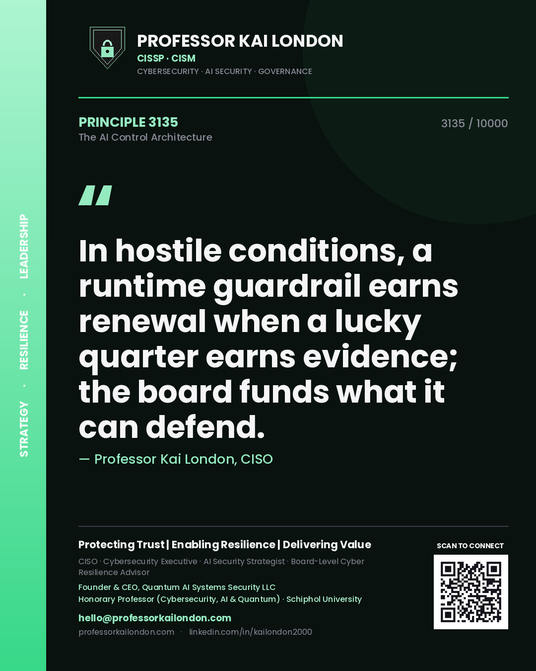 Professor Kai London principle 3135: In hostile conditions, a runtime guardrail earns renewal when a lucky quarter earns evidence; the board funds what it can defend.