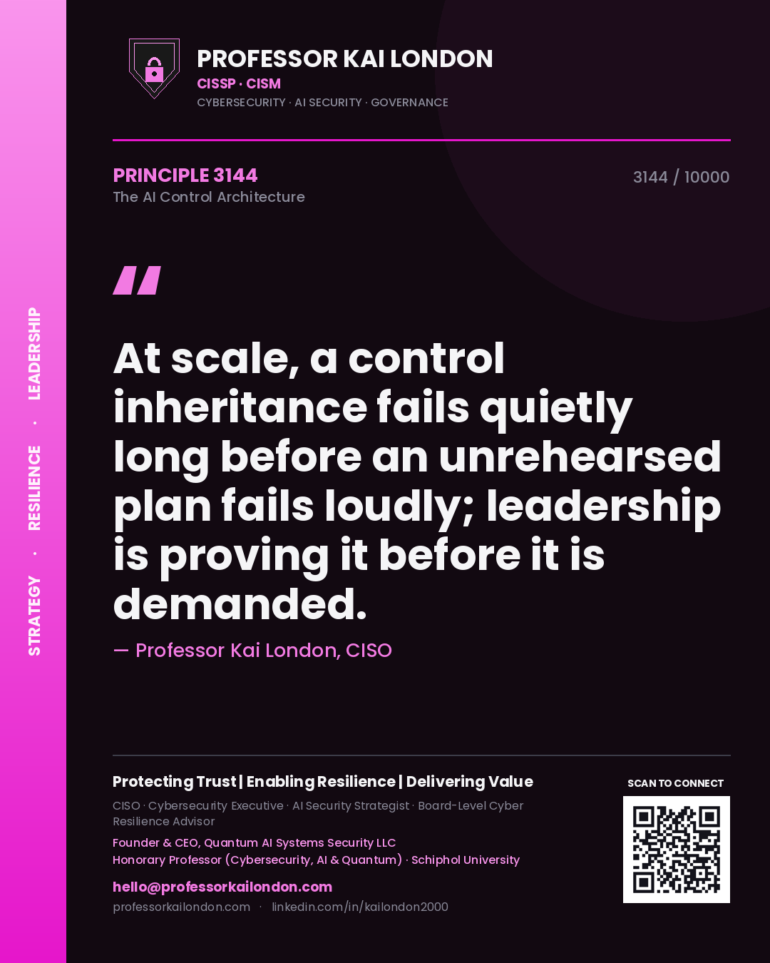 Professor Kai London principle 3144: At scale, a control inheritance fails quietly long before an unrehearsed plan fails loudly; leadership is proving it before it is demanded.