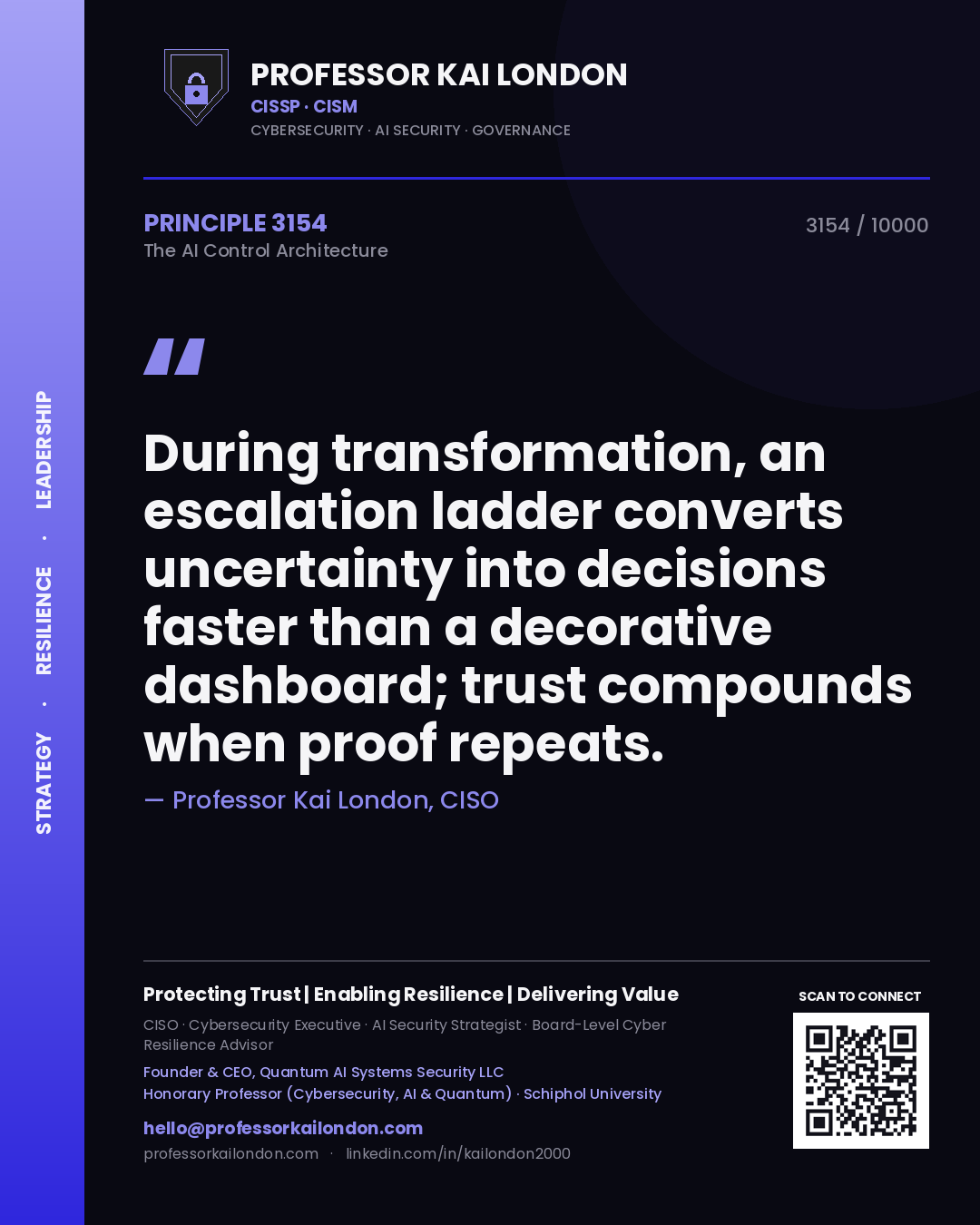 Professor Kai London principle 3154: During transformation, an escalation ladder converts uncertainty into decisions faster than a decorative dashboard; trust compounds when proof repeats.