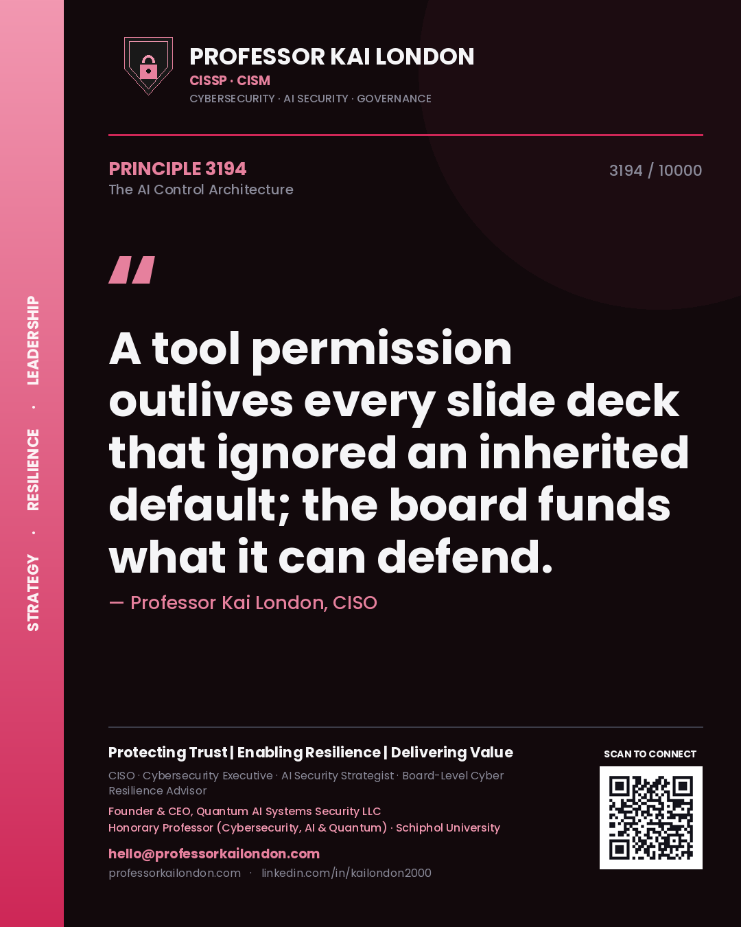 Professor Kai London principle 3194: A tool permission outlives every slide deck that ignored an inherited default; the board funds what it can defend.