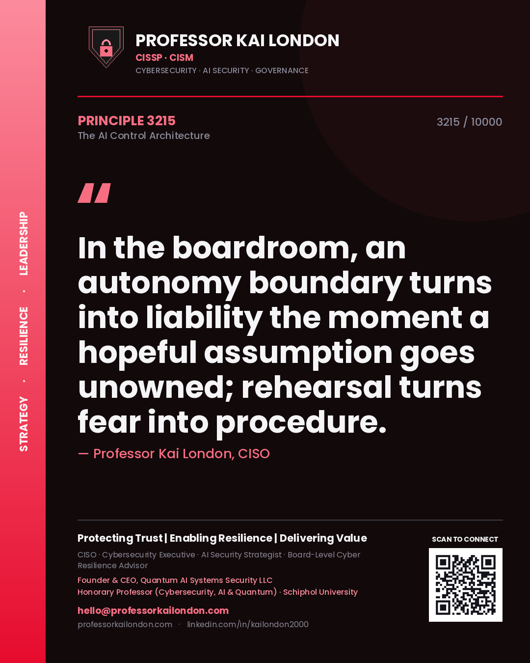Professor Kai London principle 3215: In the boardroom, an autonomy boundary turns into liability the moment a hopeful assumption goes unowned; rehearsal turns fear into procedure.