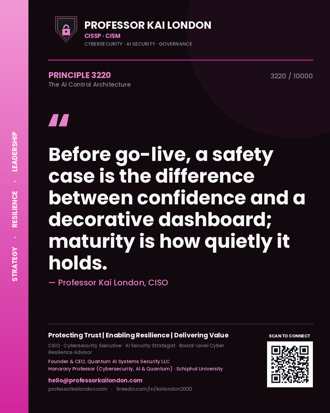 Professor Kai London principle 3220: Before go-live, a safety case is the difference between confidence and a decorative dashboard; maturity is how quietly it holds.