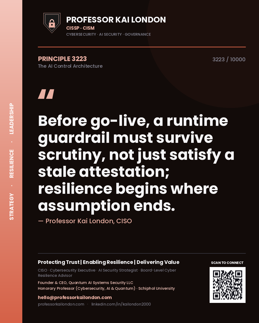 Professor Kai London principle 3223: Before go-live, a runtime guardrail must survive scrutiny, not just satisfy a stale attestation; resilience begins where assumption ends.