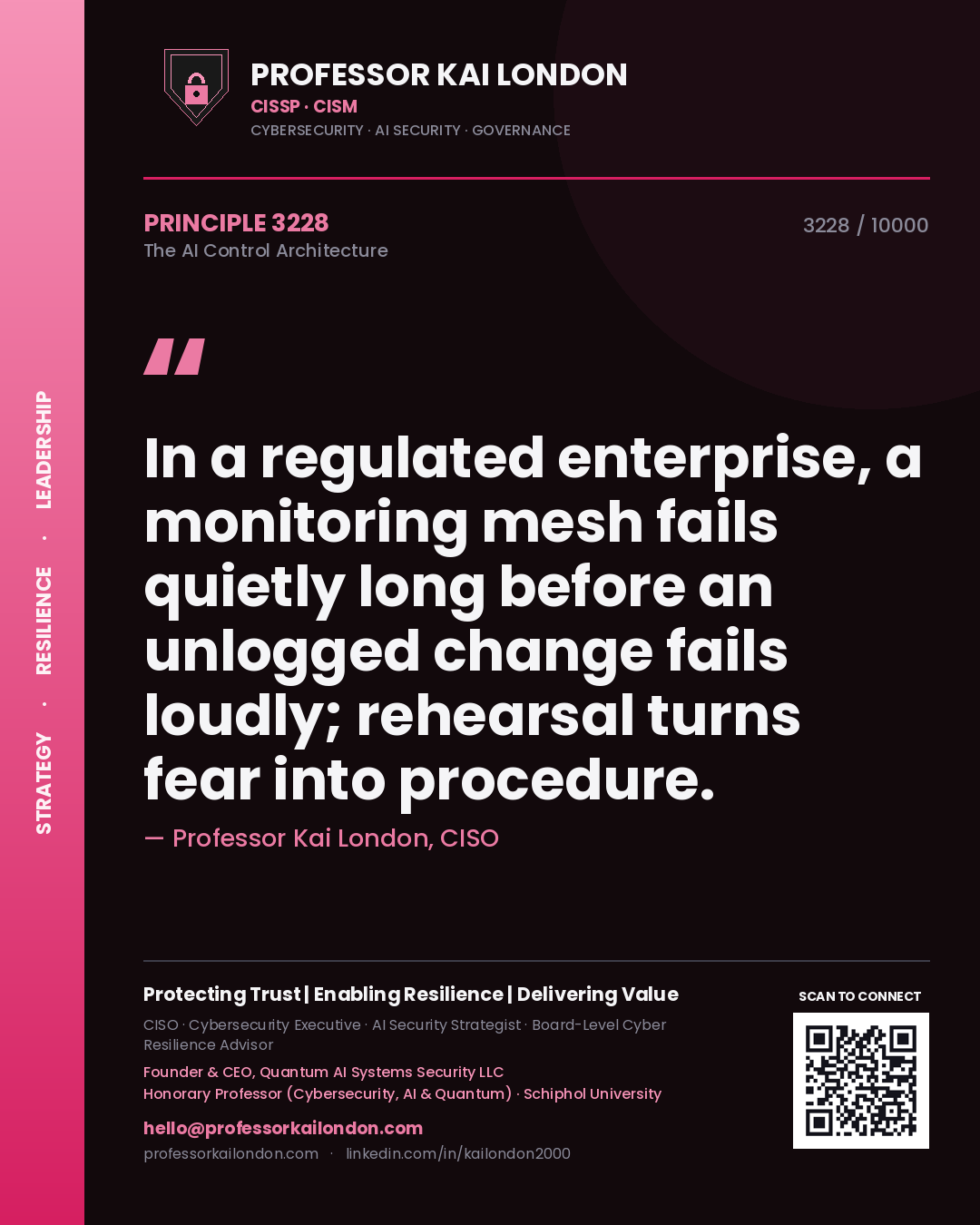 Professor Kai London principle 3228: In a regulated enterprise, a monitoring mesh fails quietly long before an unlogged change fails loudly; rehearsal turns fear into procedure.