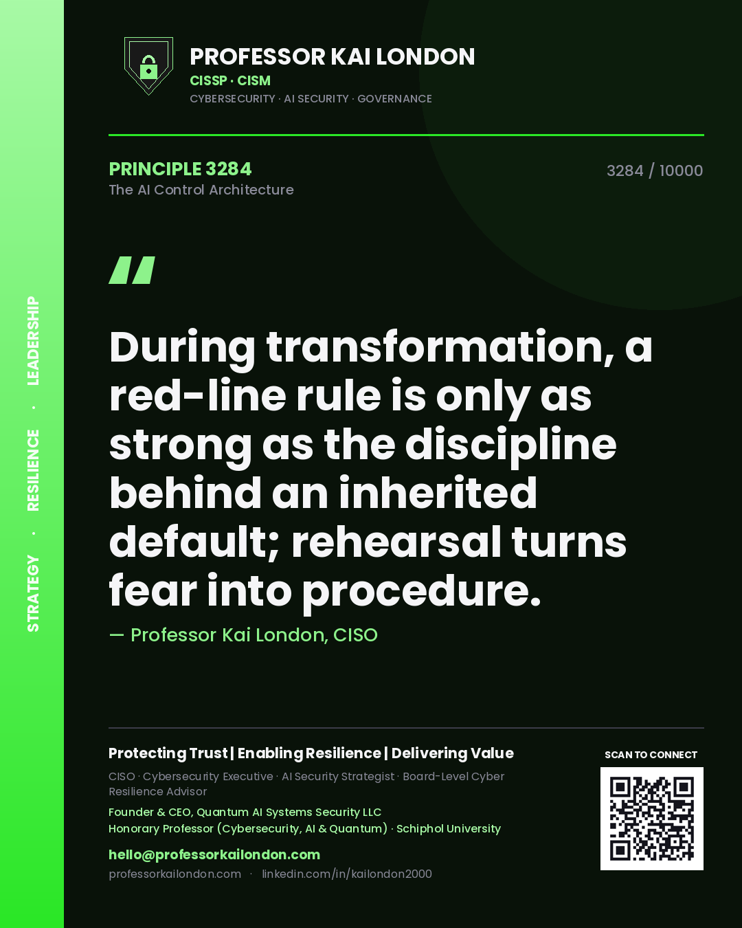 Professor Kai London principle 3284: During transformation, a red-line rule is only as strong as the discipline behind an inherited default; rehearsal turns fear into procedure.